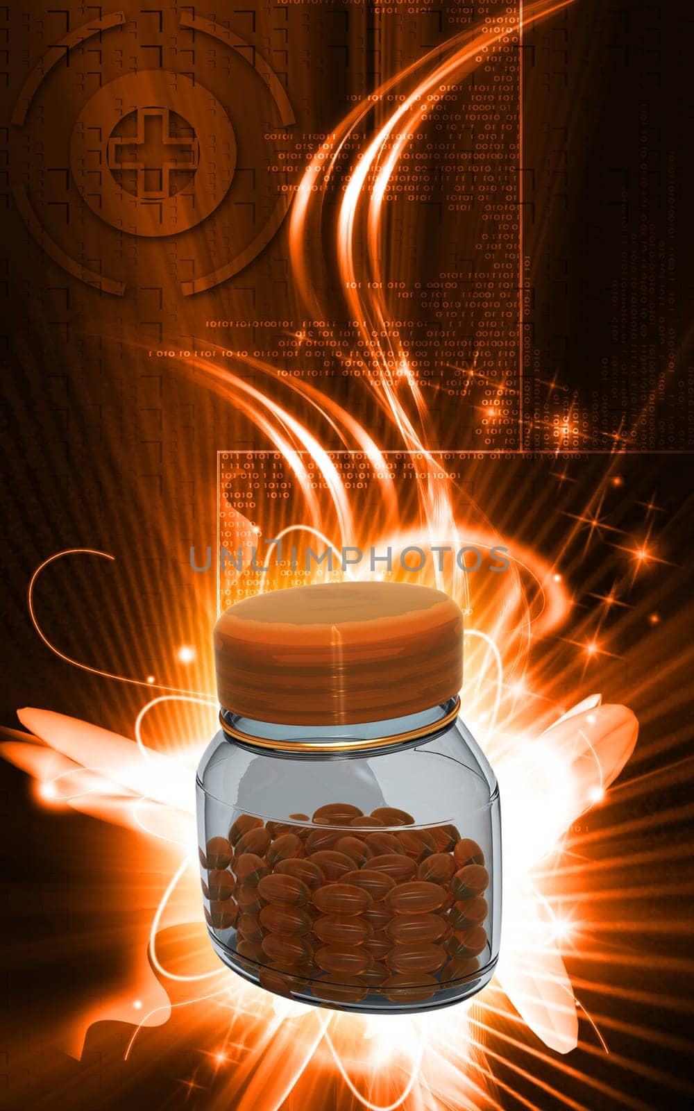 Digital illustration of capsule bottle in colour background