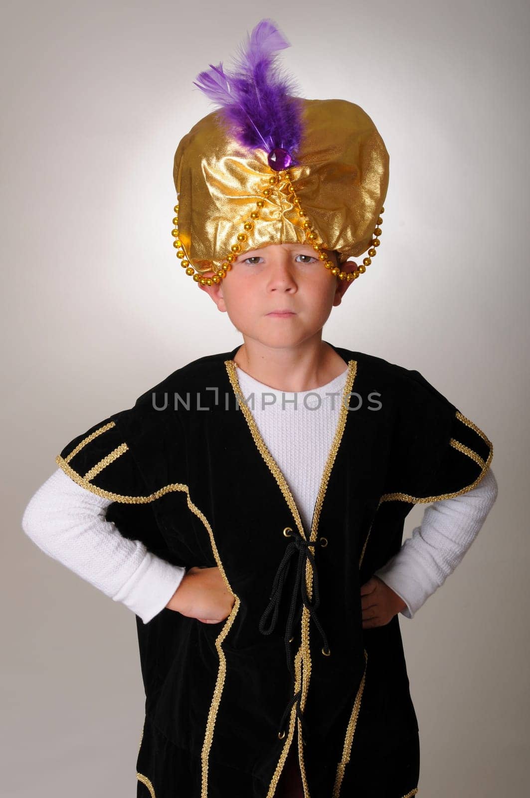 Young boy wearing a Sultan or Shiek&#039 s halloween costume