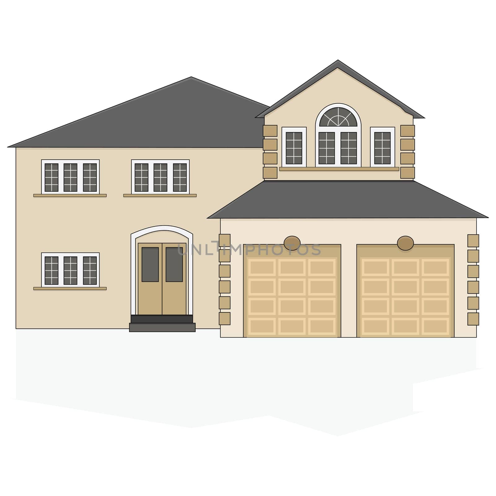Illustration of a fancy North American suburban home with a two-car garage
