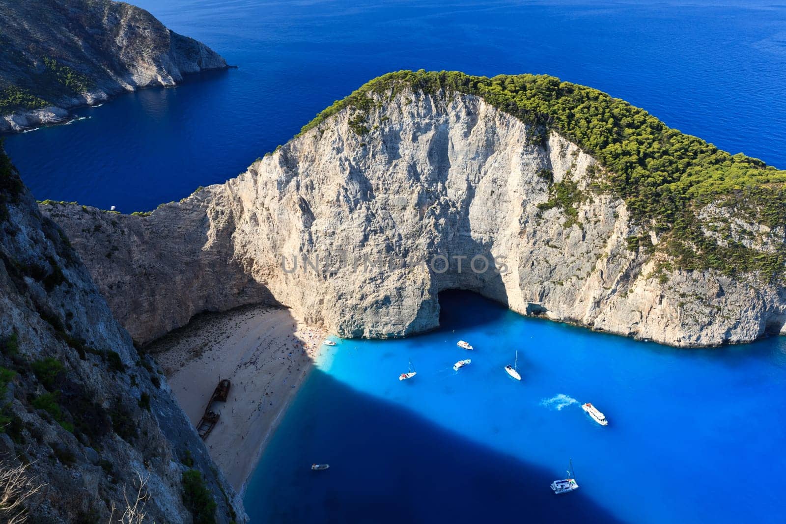 view of the shipwreck on the beach Navagio in Zakynthos, Greece