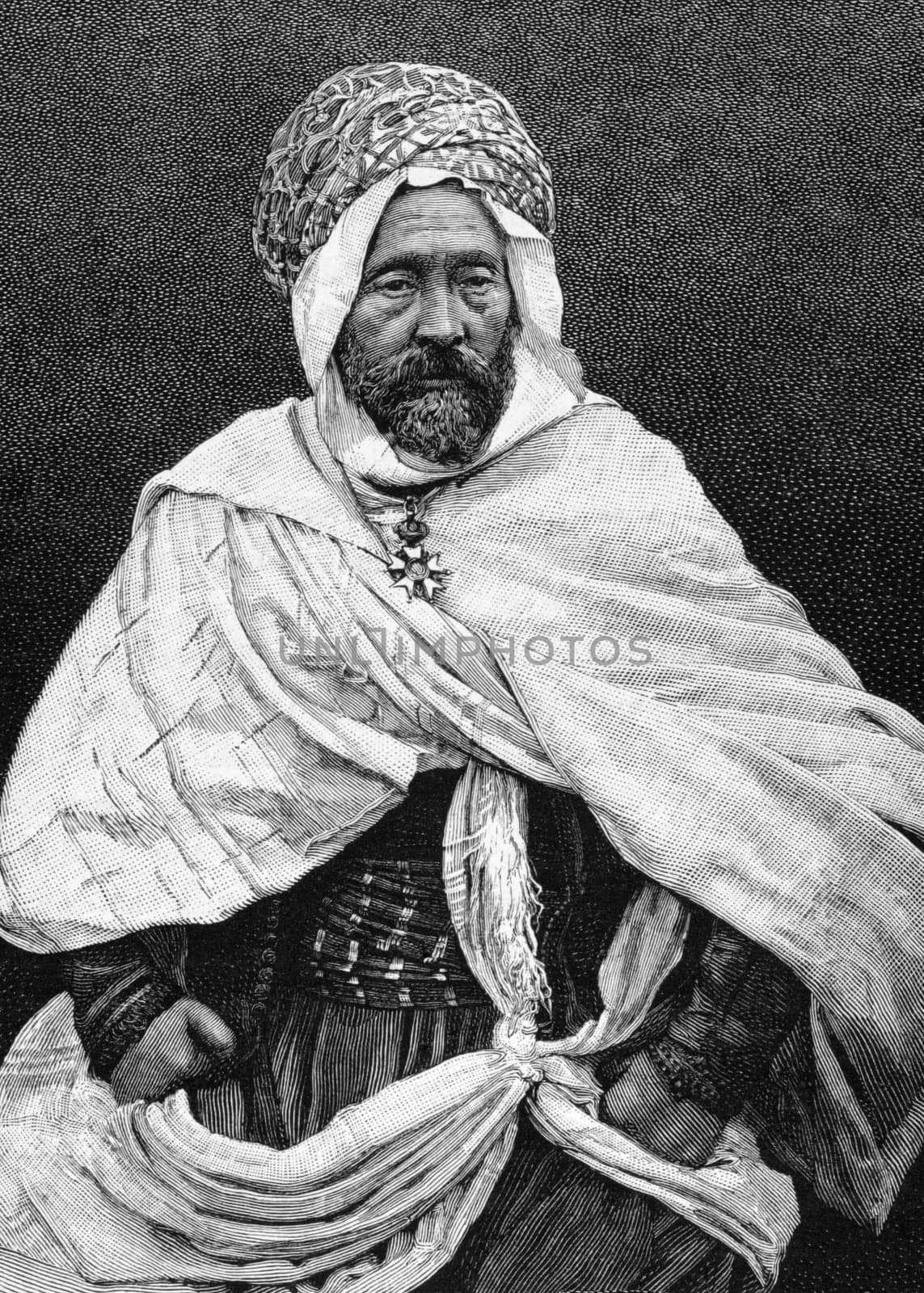 Agha of Tugurt portrait of Arab type on engraving from 1886.