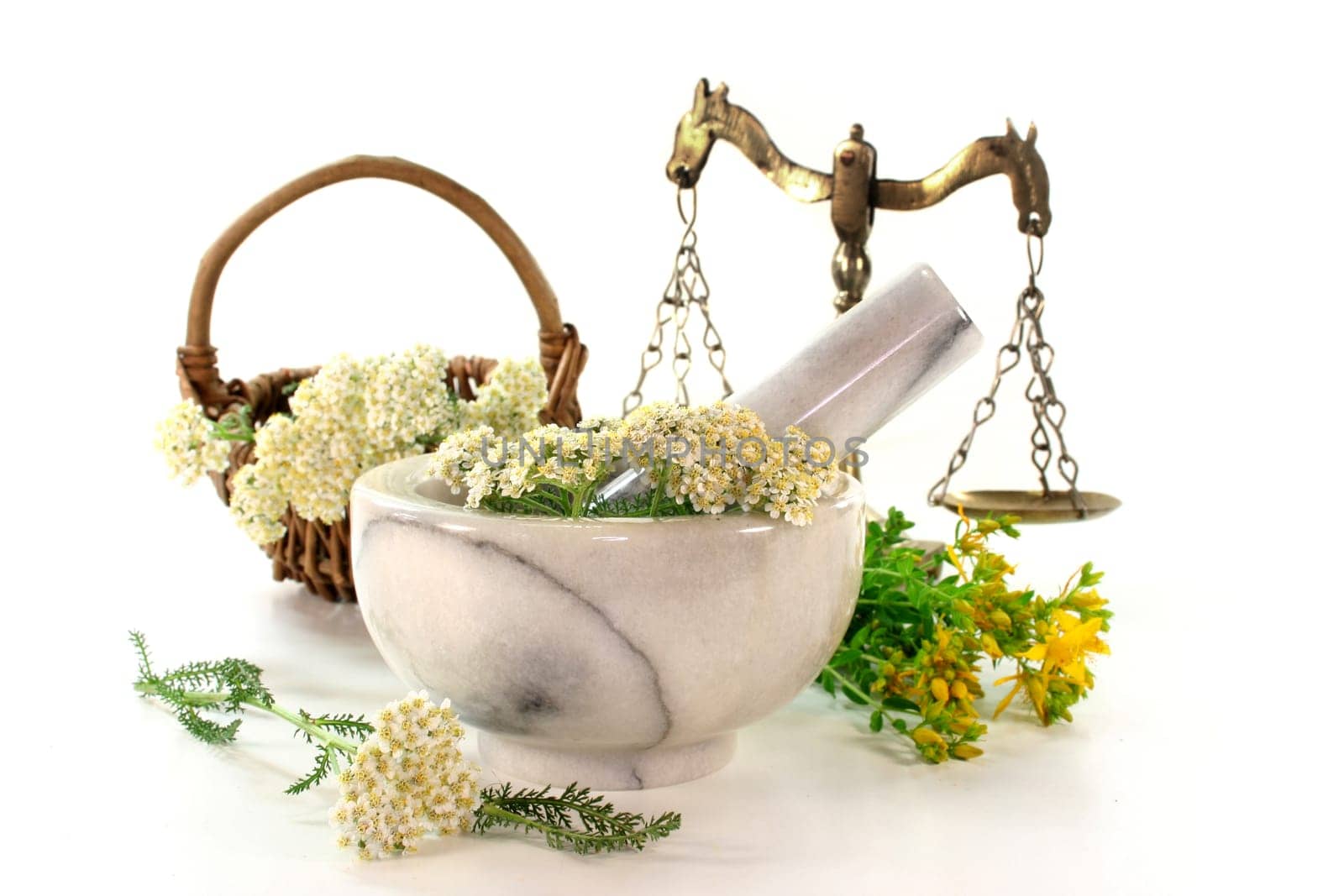 fresh yarrow and St. John's wort in a mortar