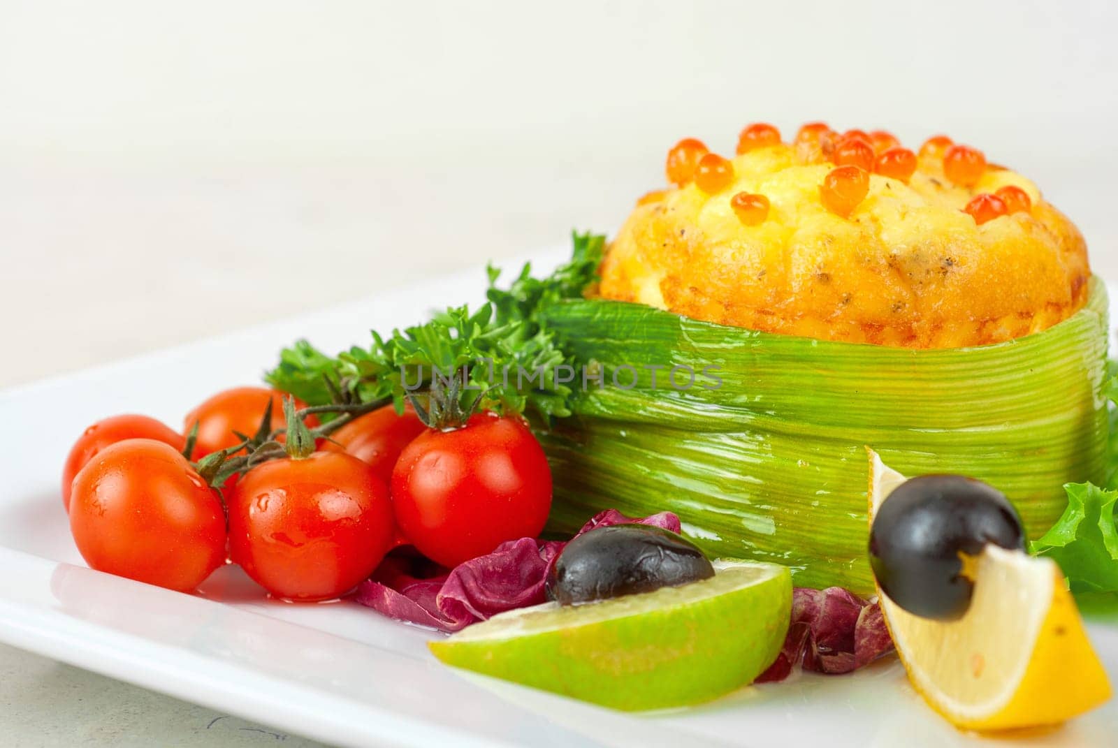 Tasty dish of salmon with omelette and philadelphia cheese