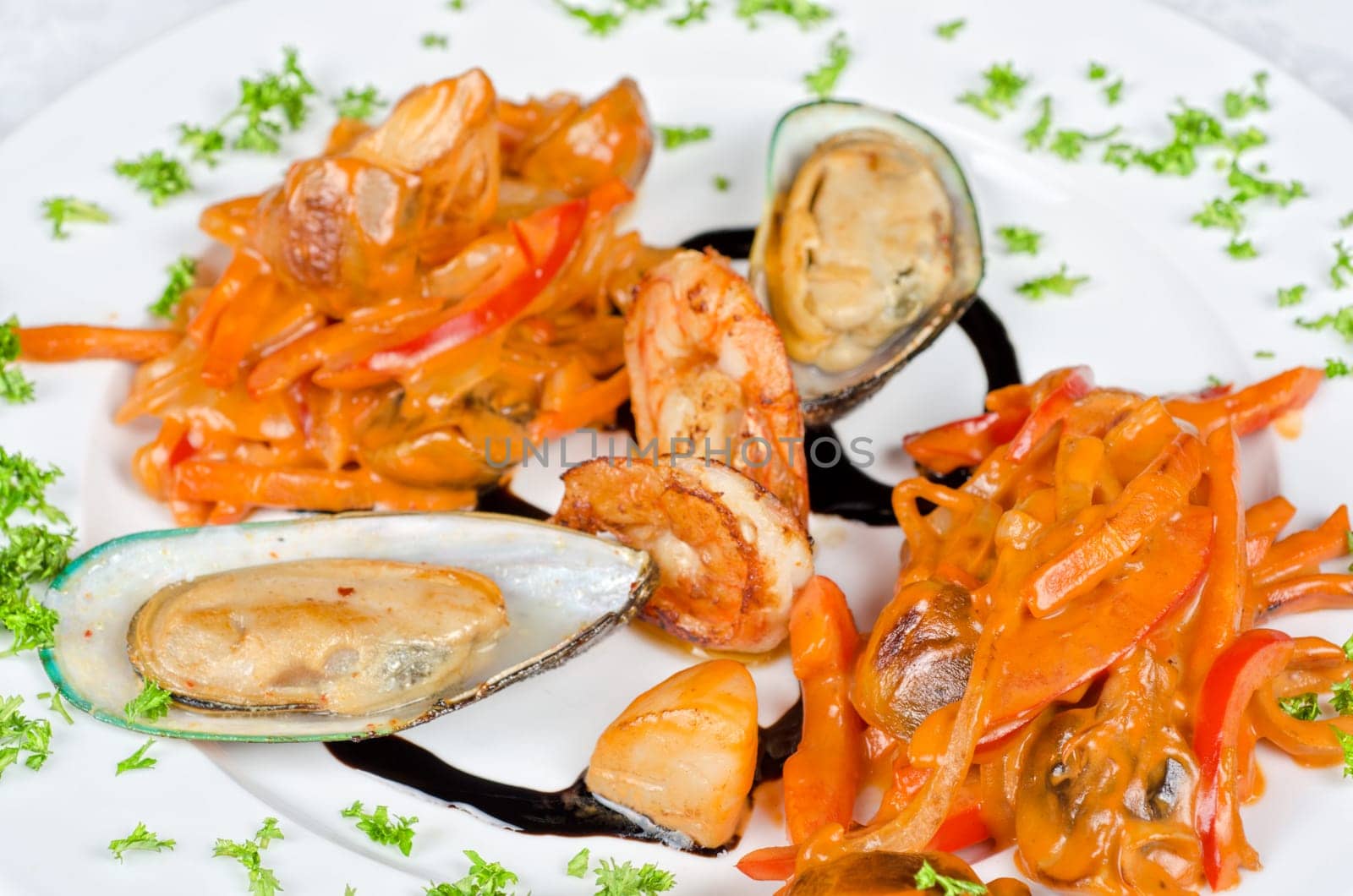 Shrimps mussels and squid tasty seafood dish