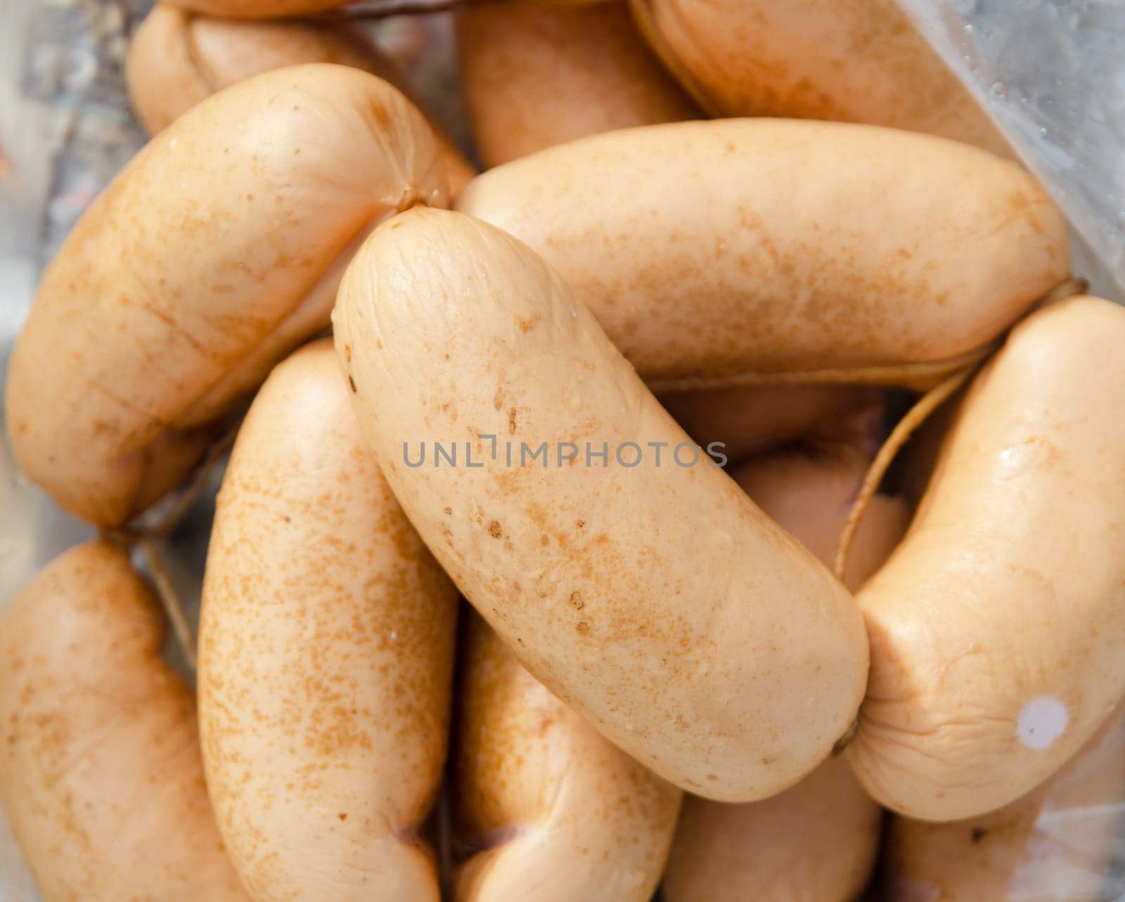 bunch of tasty pork sausage meat close up