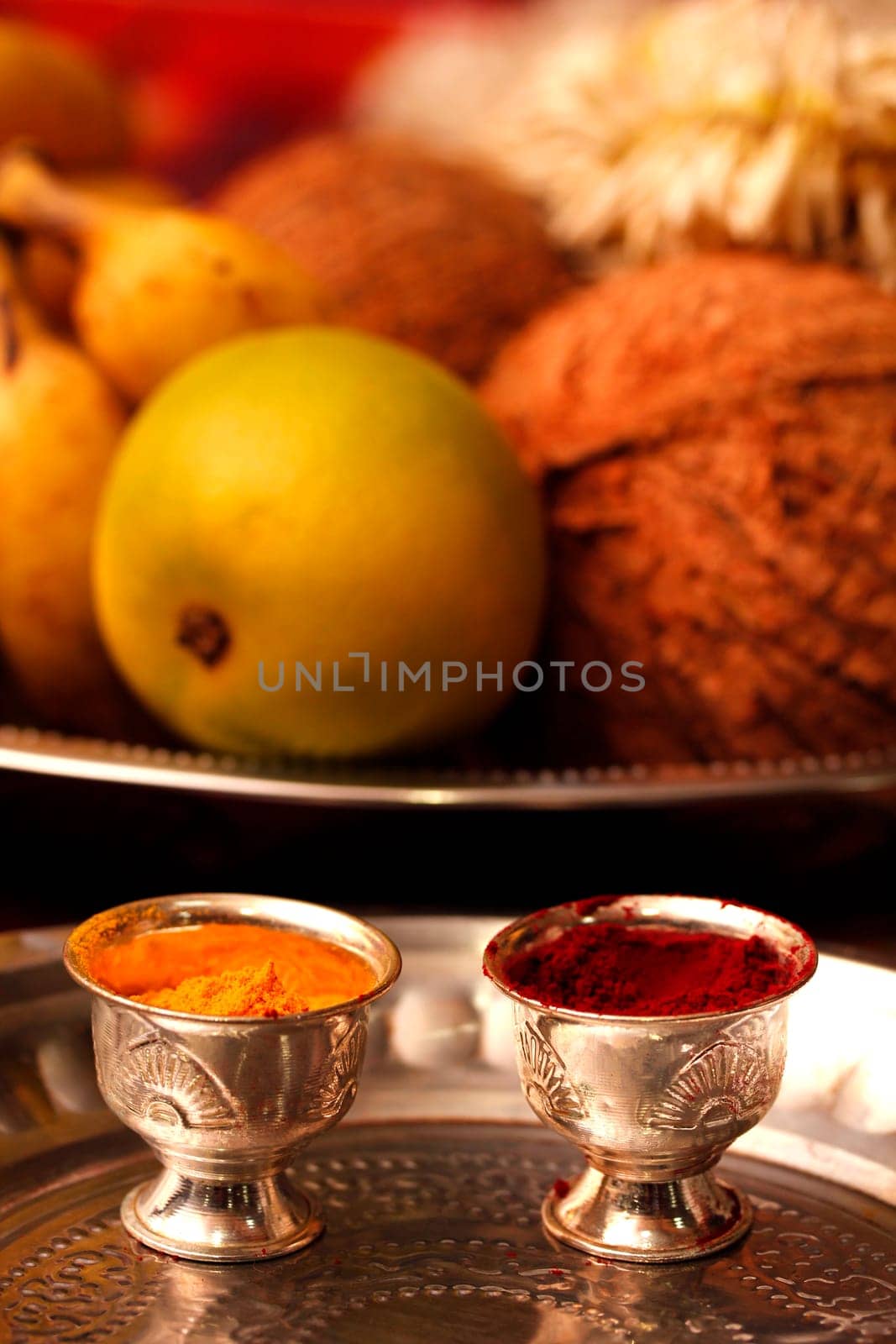 Haldi and kumkum arranged at an indian ceremony