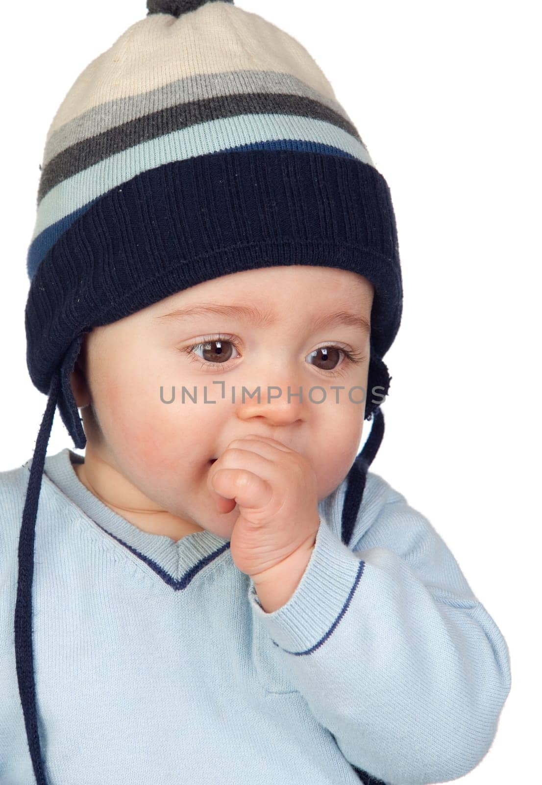 Beautiful baby with wool cap isolated on white background