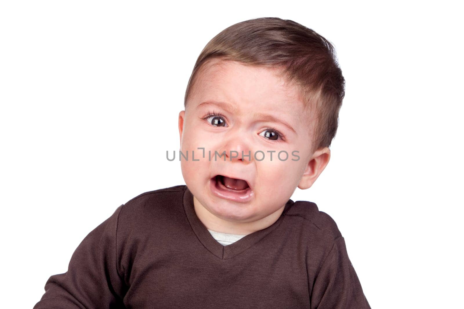 Beautiful baby crying isolated on white background