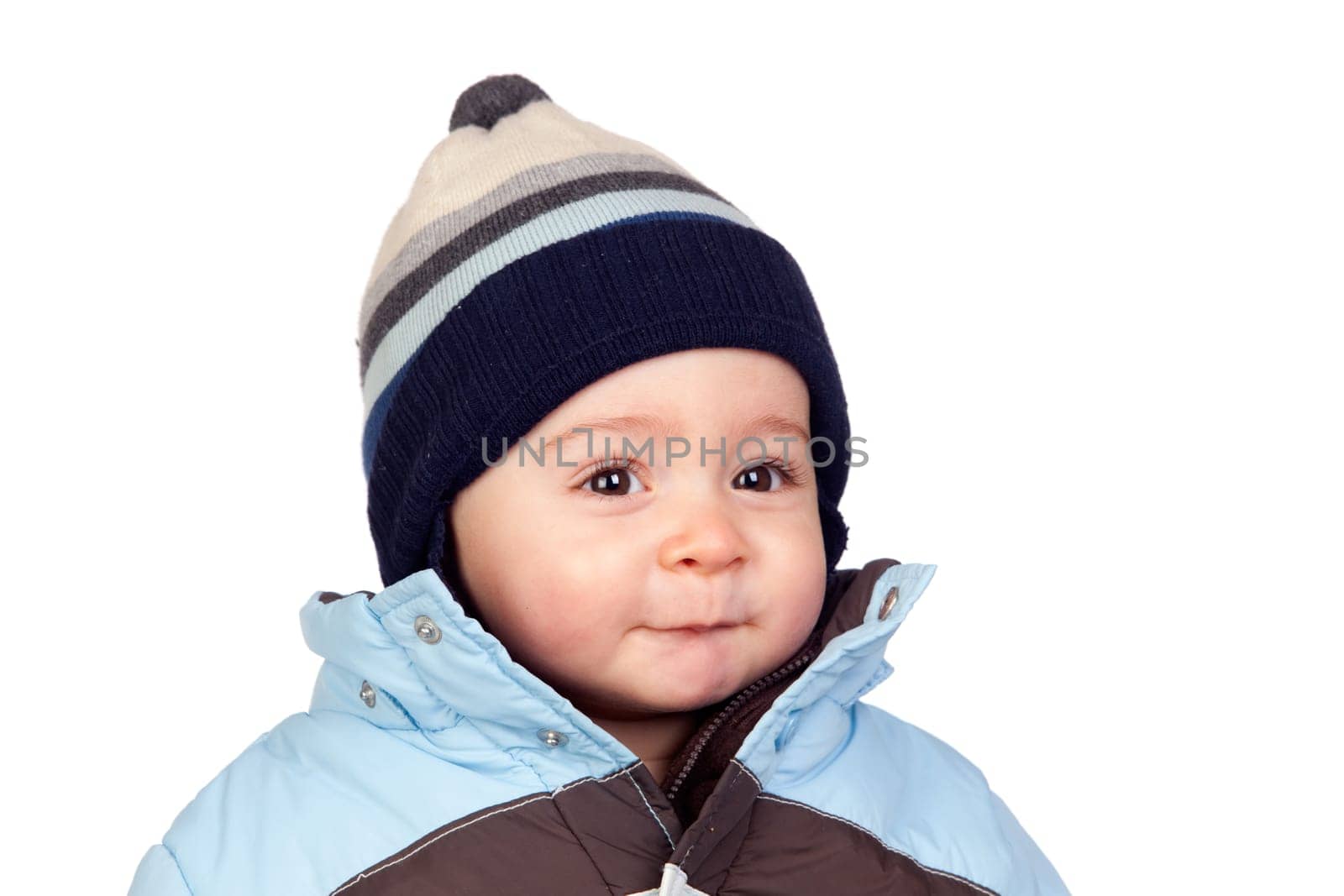 Beautiful baby with wool cap isolated on white background