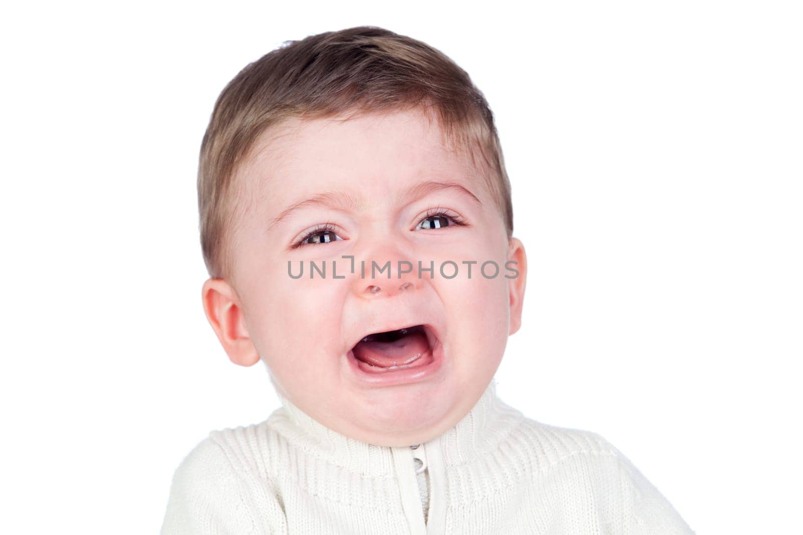 Beautiful baby crying isolated on white background