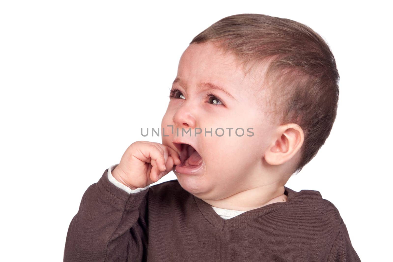Beautiful baby crying isolated on white background