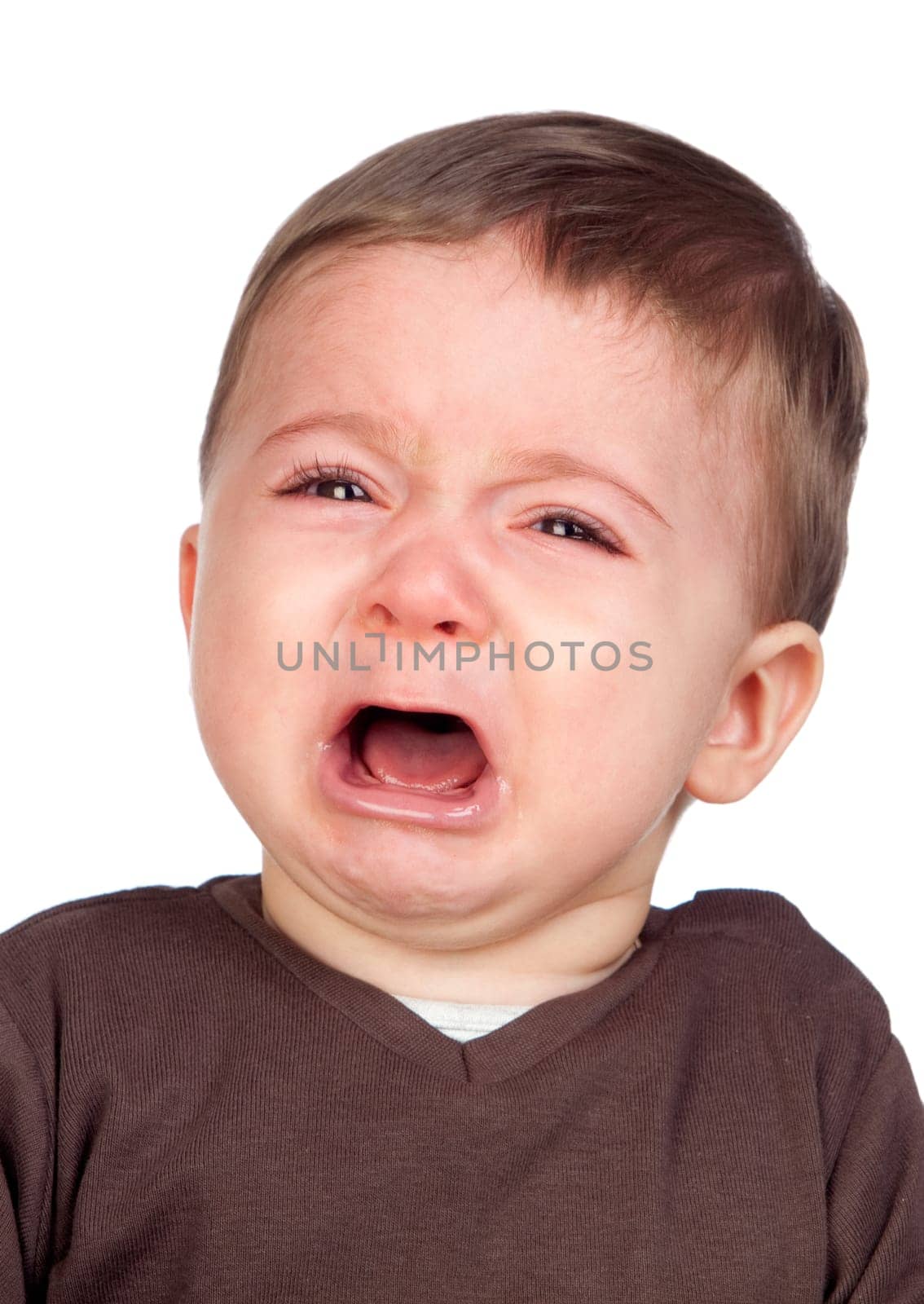 Beautiful baby crying isolated on white background
