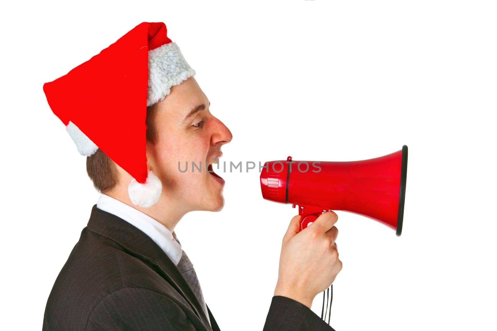 Businessman with Santa hat and megaphone