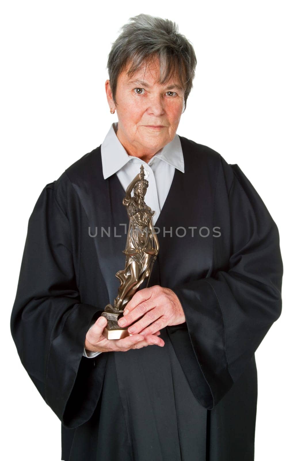 Female lawyer with justice isolated on white background