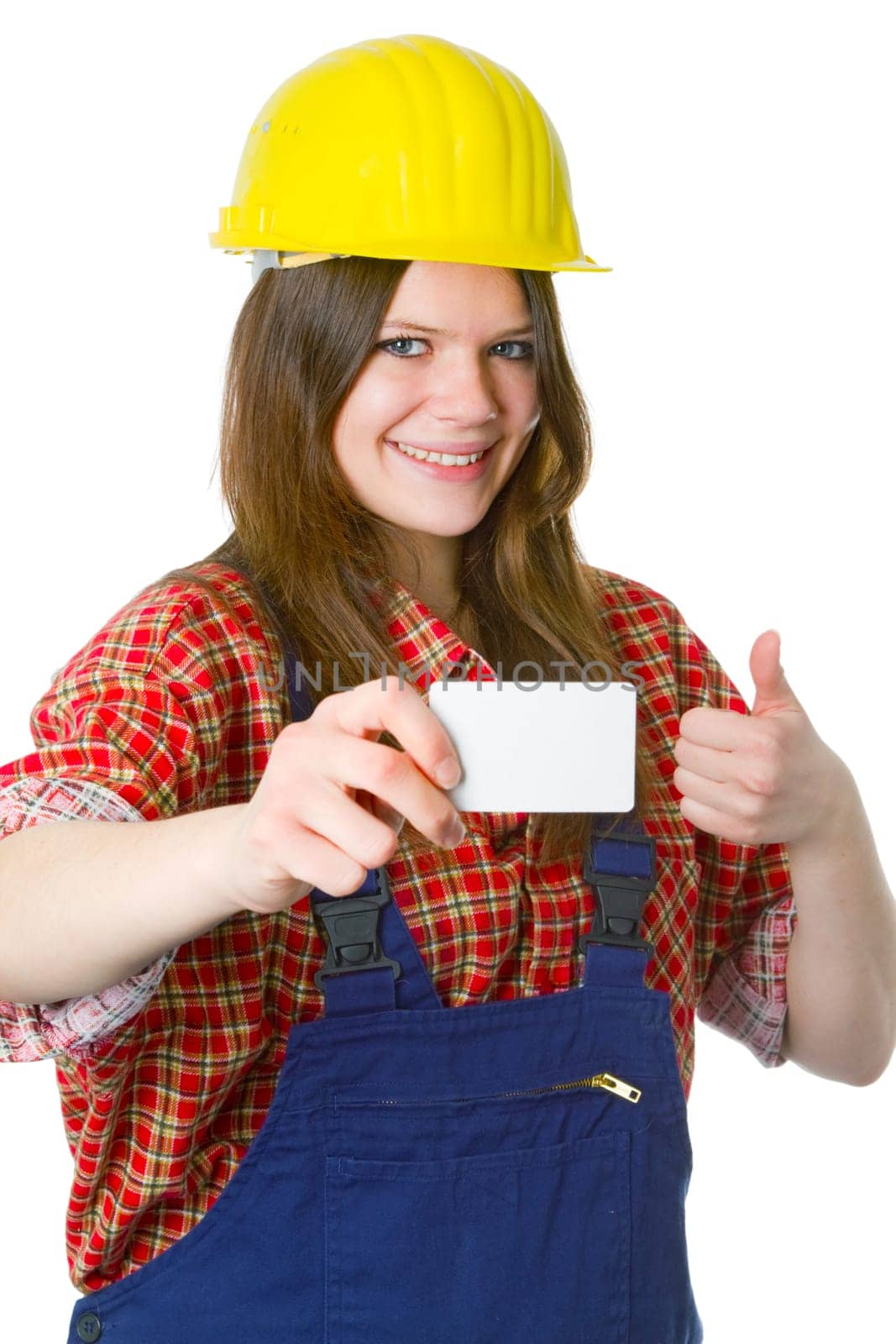 Young craftswoman handing over a business card isolated on white background