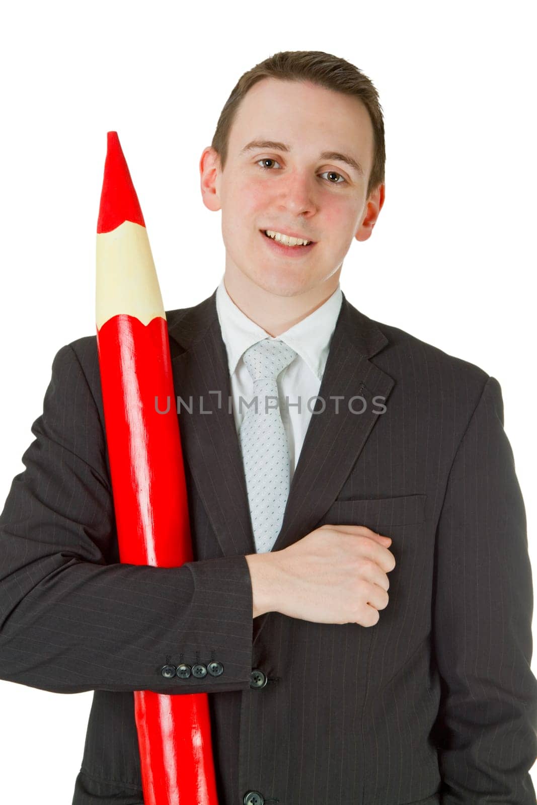 Friendly businessman with red pencil isolated on white background