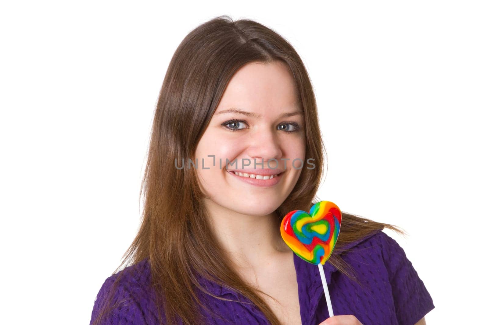 Attractive woman with lollipop isolated on white background