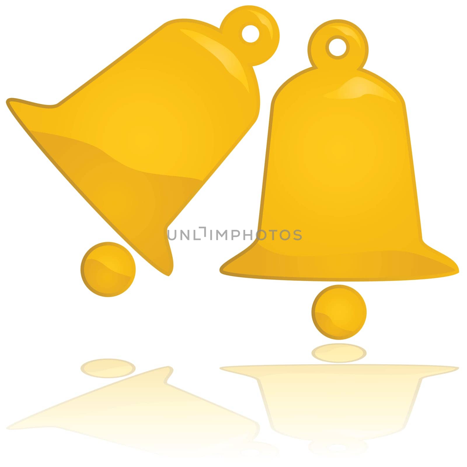 Glossy illustration showing golden Christmas bells reflected over a white surface