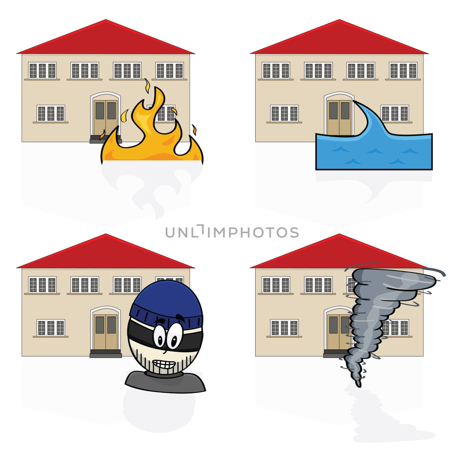Illustration of an icon set showing a house with different hazards covered by insurance, such as fire, flooding, burglary and tornadoes