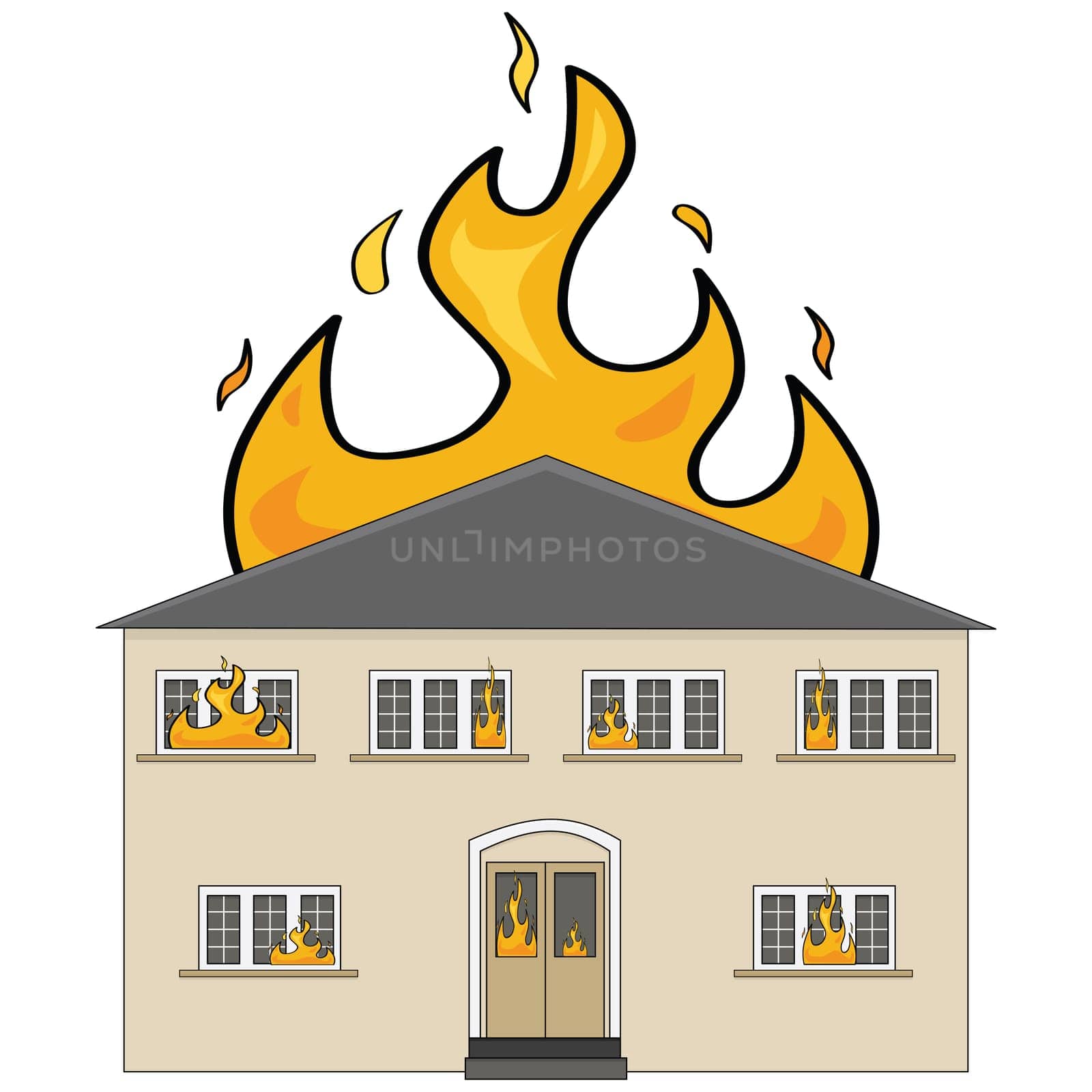 Cartoon illustration showing a two-storey house on fire