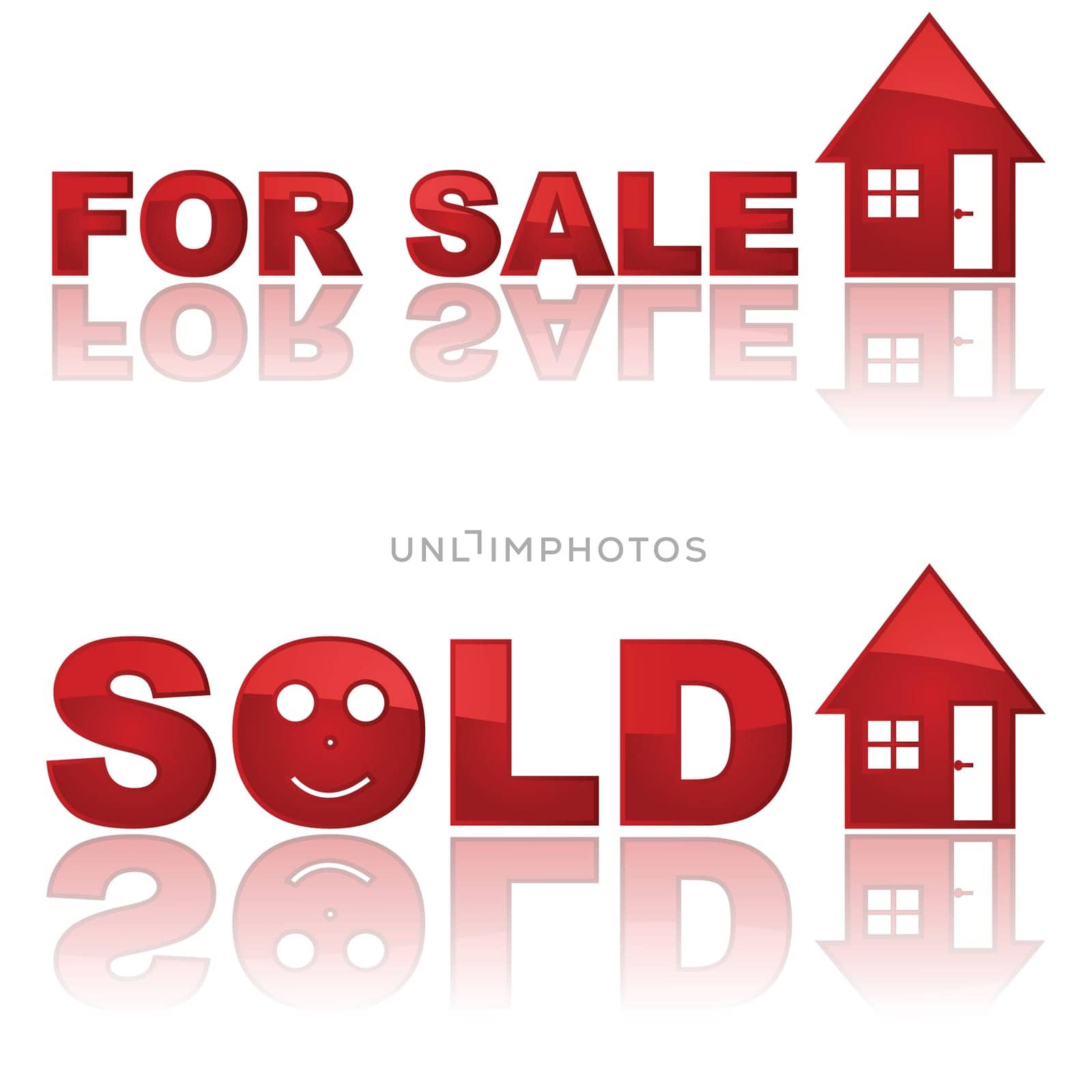 Set of two glossy real estate signs showing a house for sale and another one sold