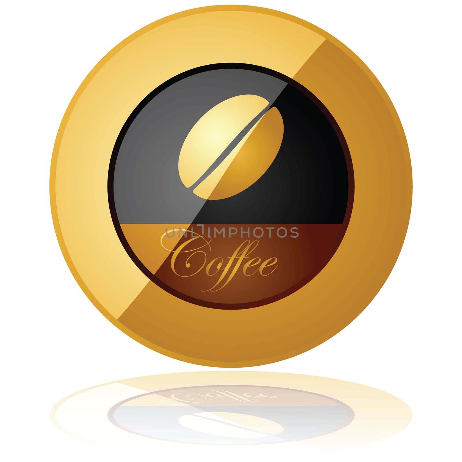 Glossy illustration of an elegant coffee button reflected over a white background