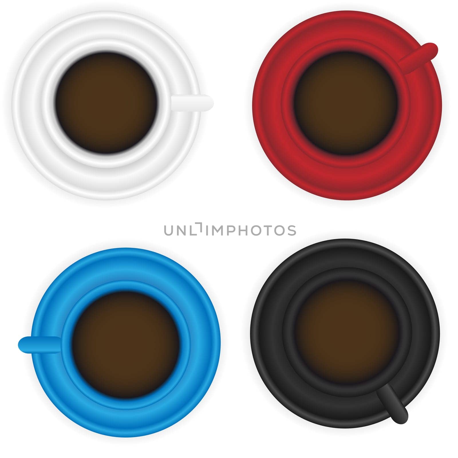 Coffee Cups Isolated on White in Red, Blue, Black and White