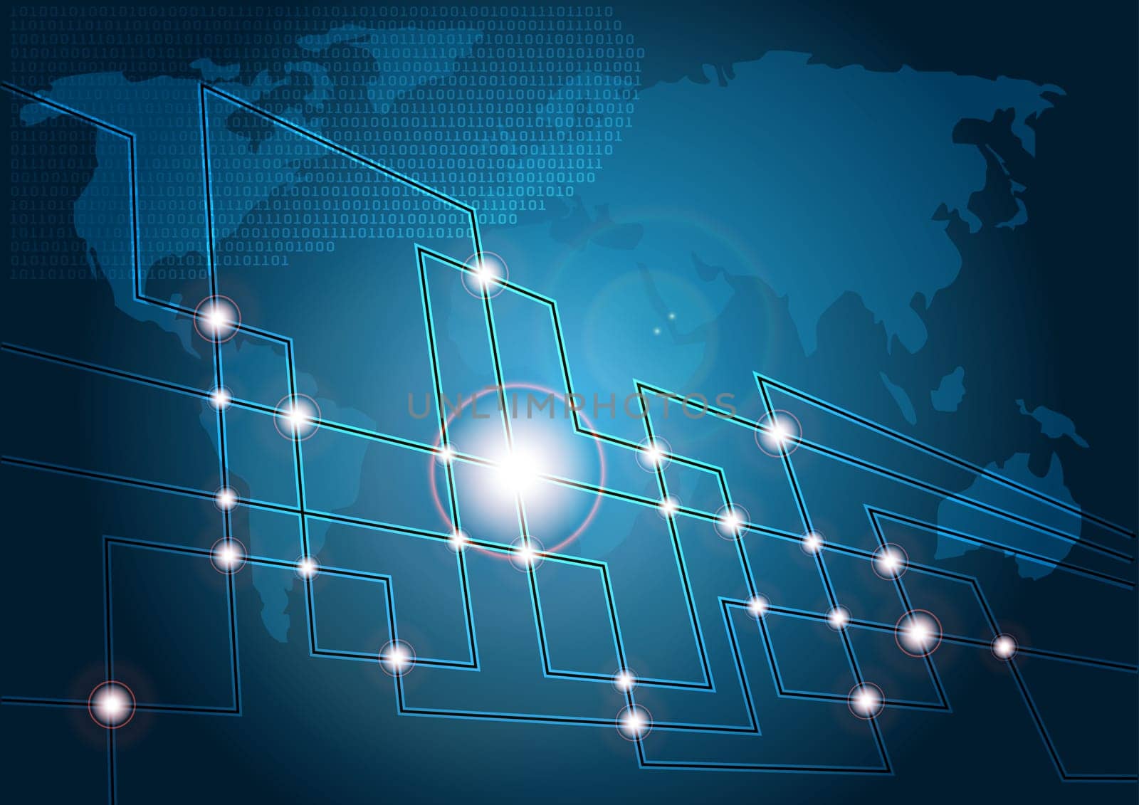 Blue Technology Background - Map of World and Glowing Optical Fibers