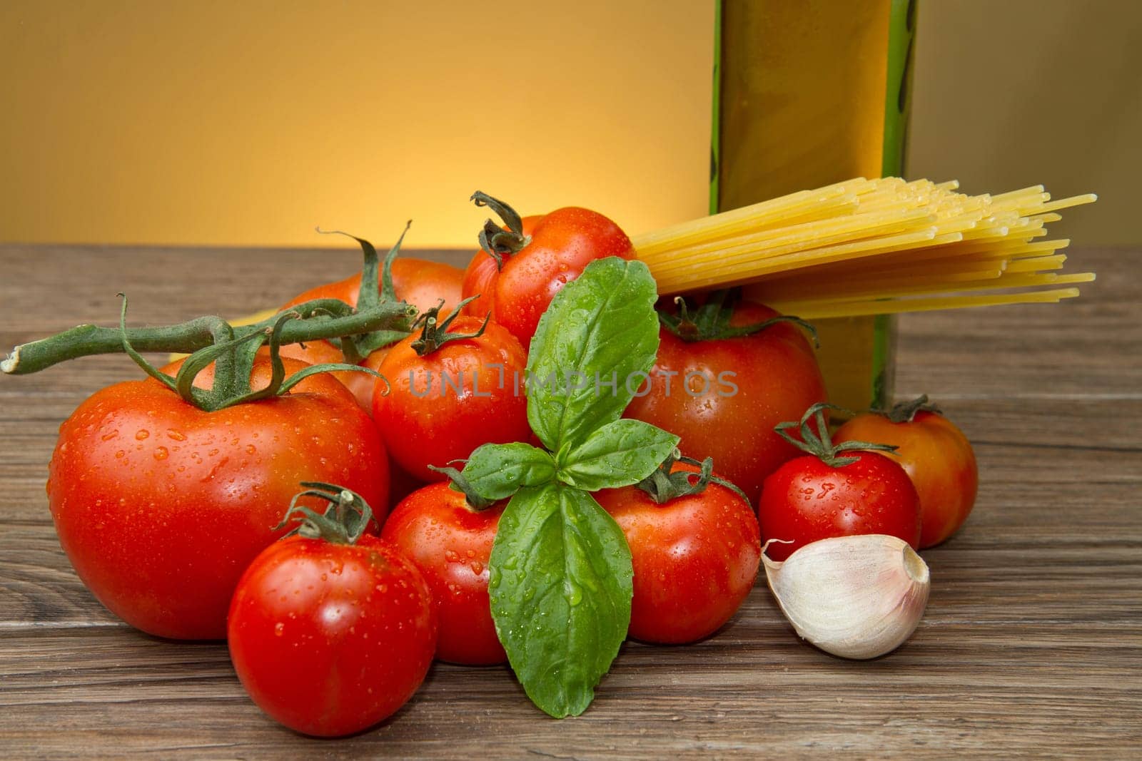 spaghetti ingredients on wood table