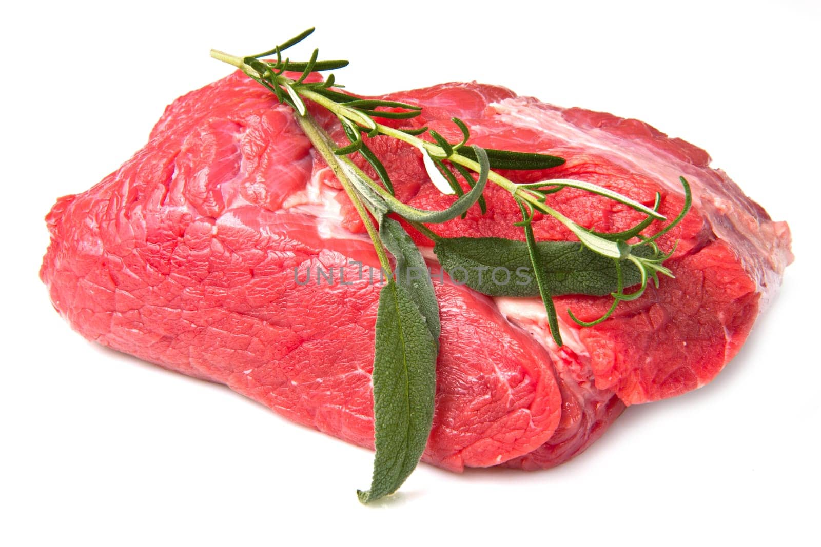 red meat with rosemary isolated on white background