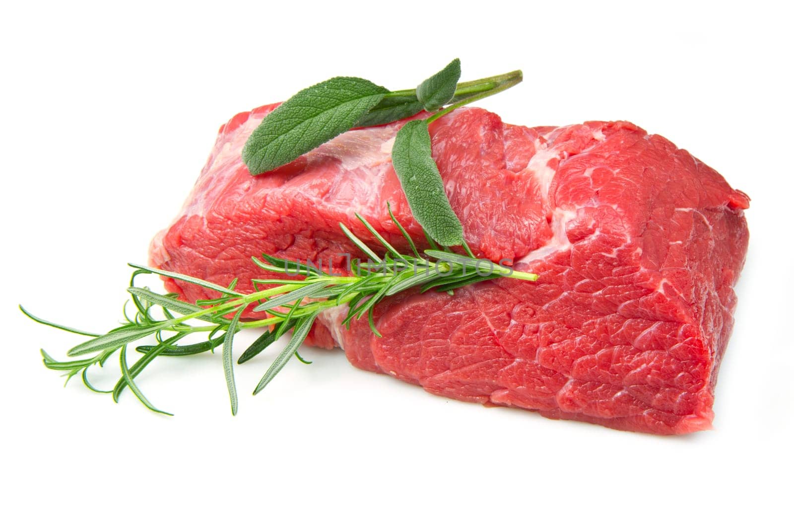red meat with rosemary isolated on white background