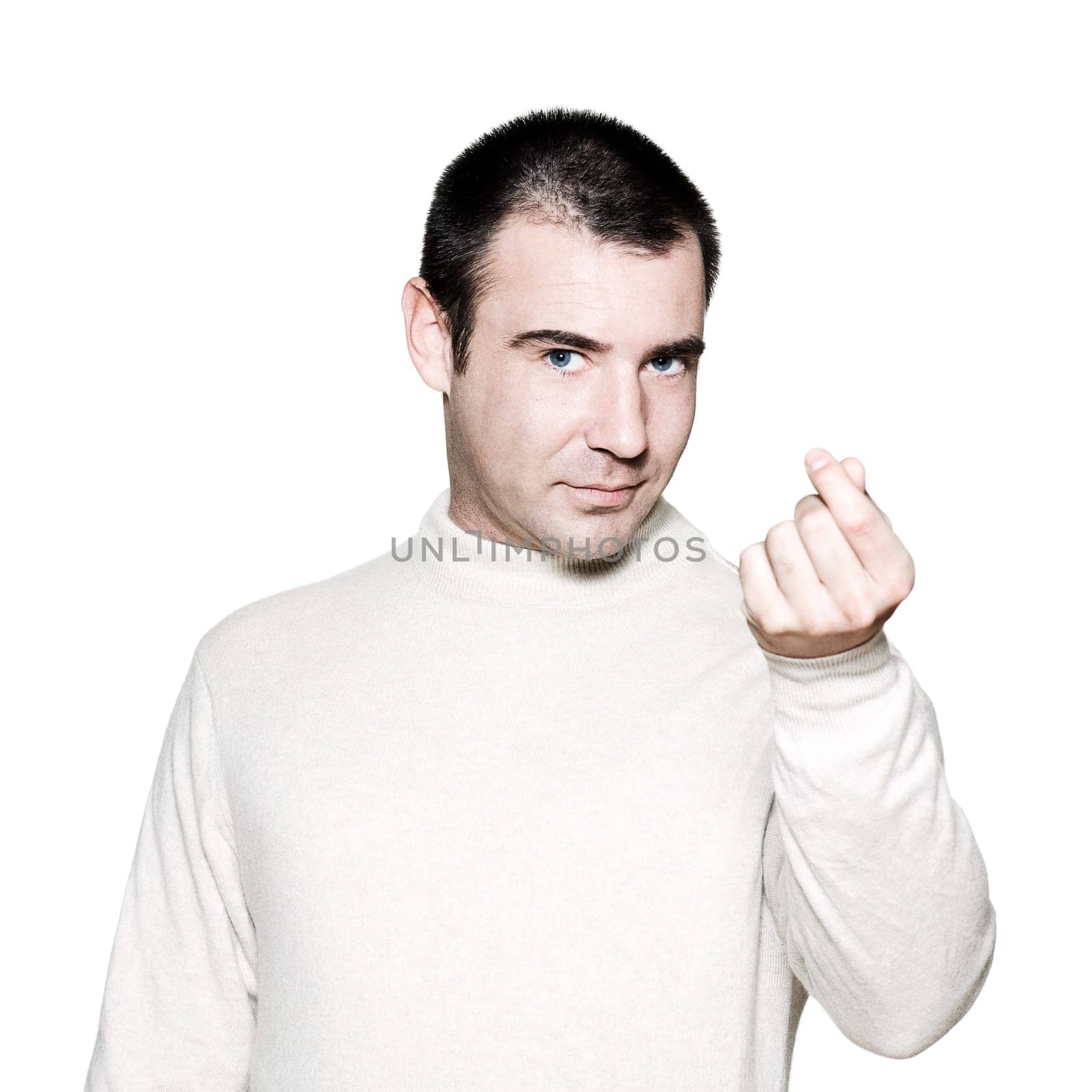 Portrait of a handsome expressive greedy man gesturing money sign on white isolated background