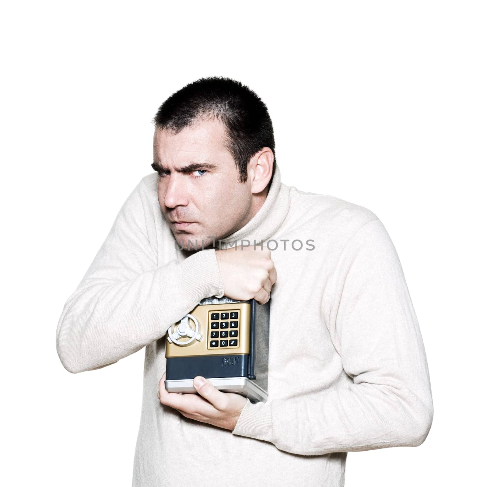 Portrait of an handsome expressive man in studio on white isolated background