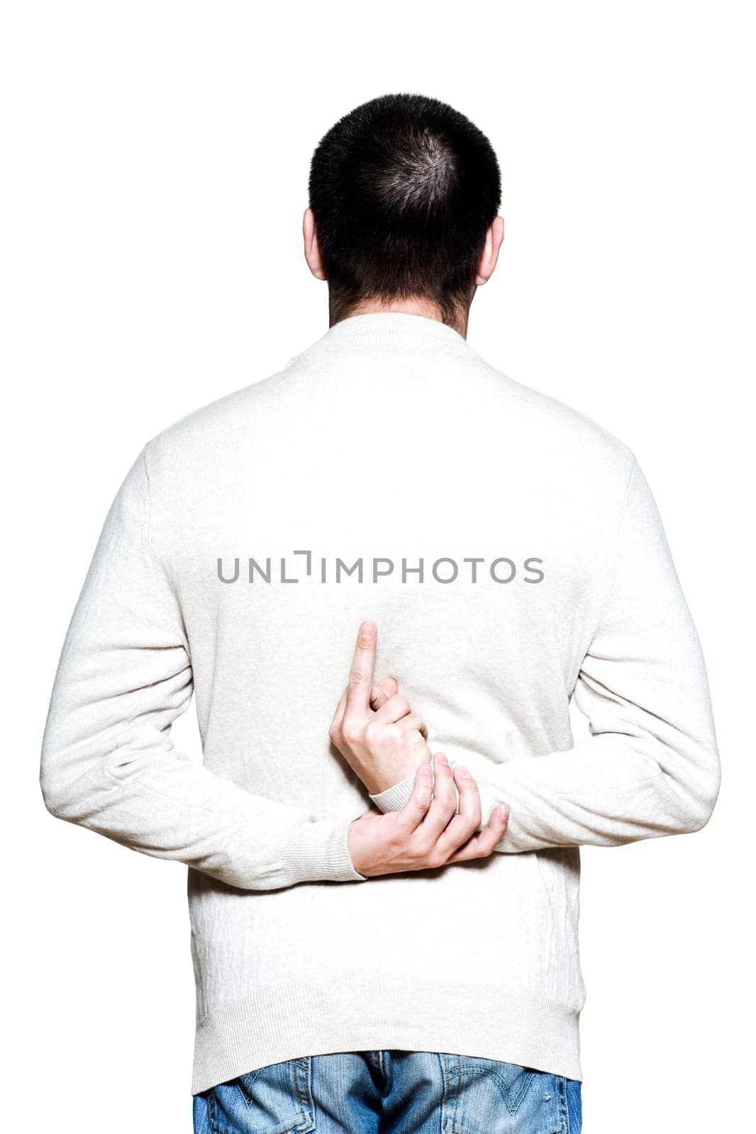 Rear view of a man showing middle finger in studio on white isolated background