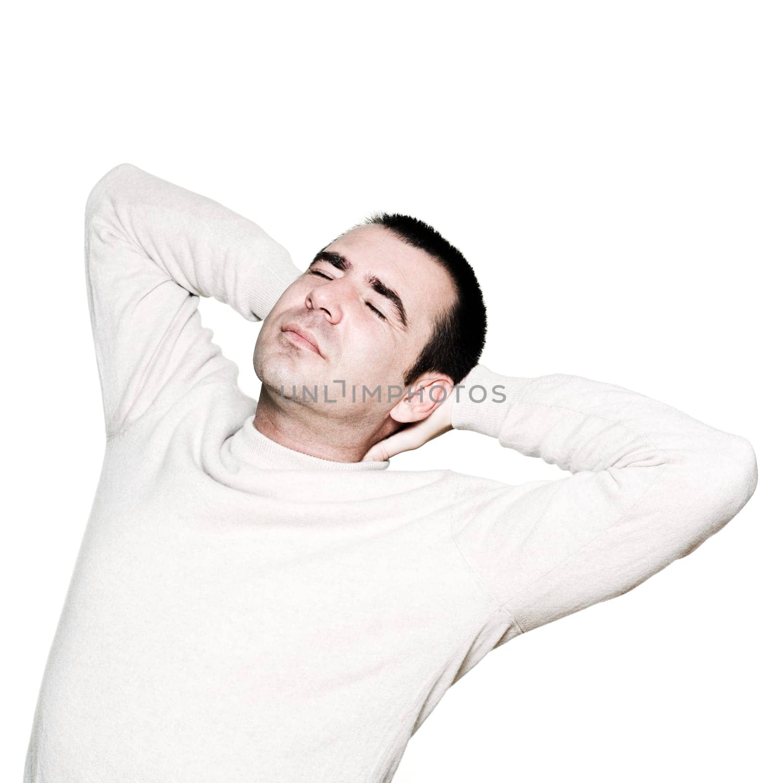 Portrait of a handsome expressive man having neck pain in studio on white isolated background