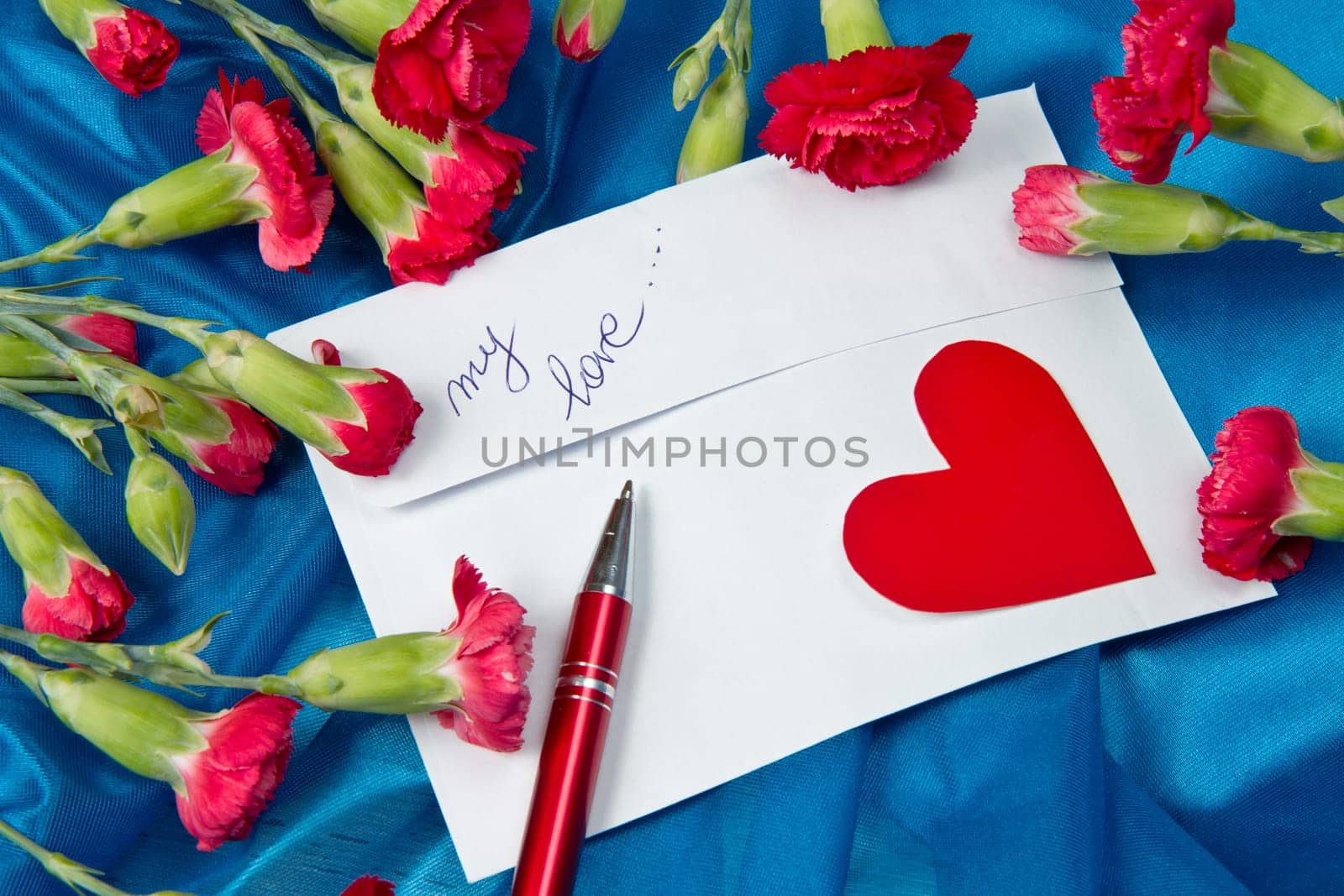 Spring letter and red carnation