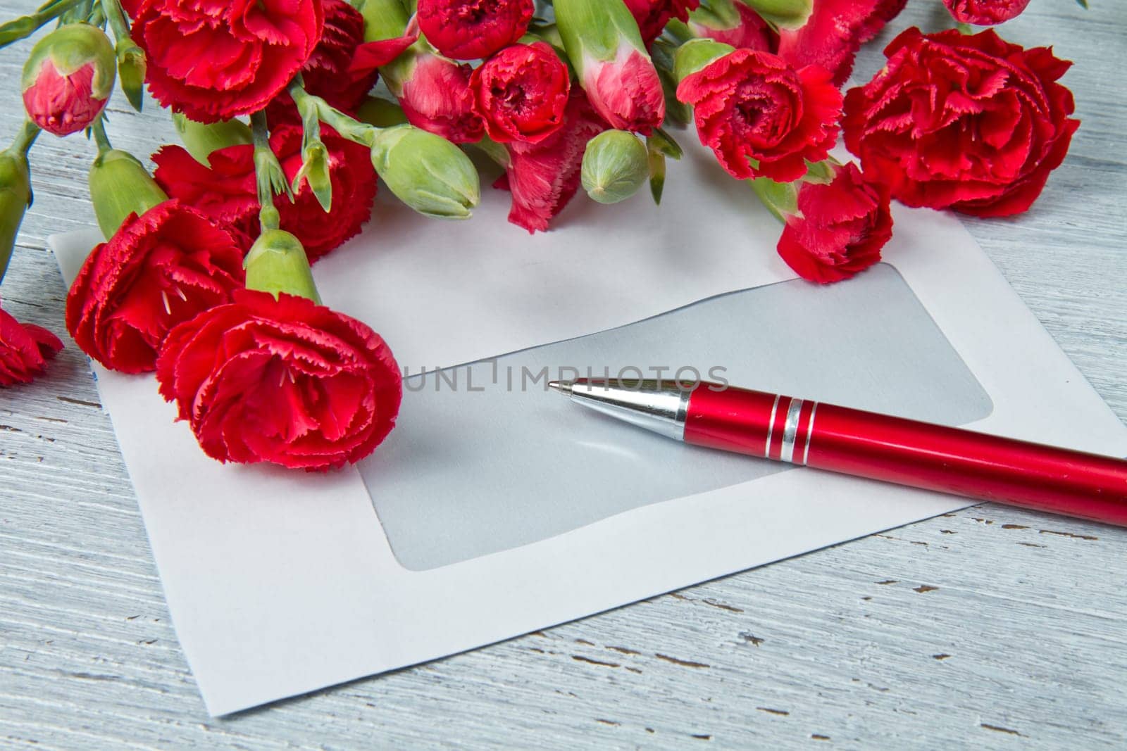 Spring letter and red carnation