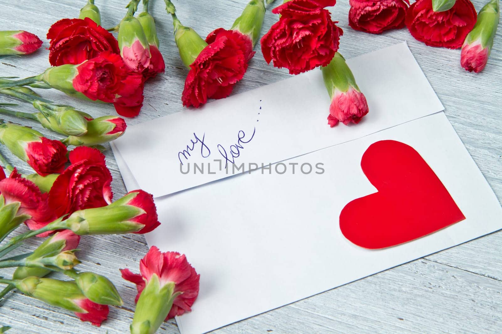 Spring letter and red carnation