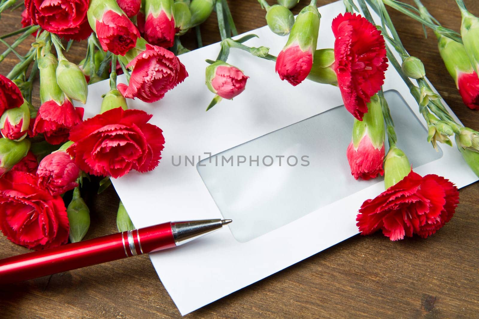 Spring letter and red carnation