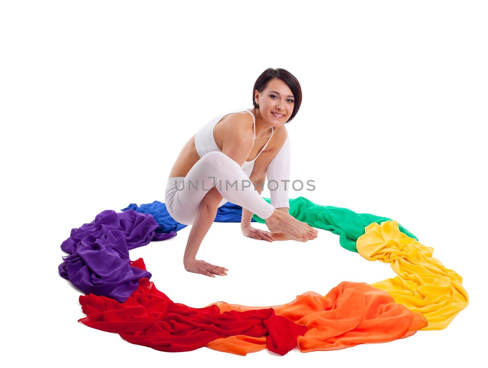 Rainbow color of yoga chakra - beauty woman inside isolated