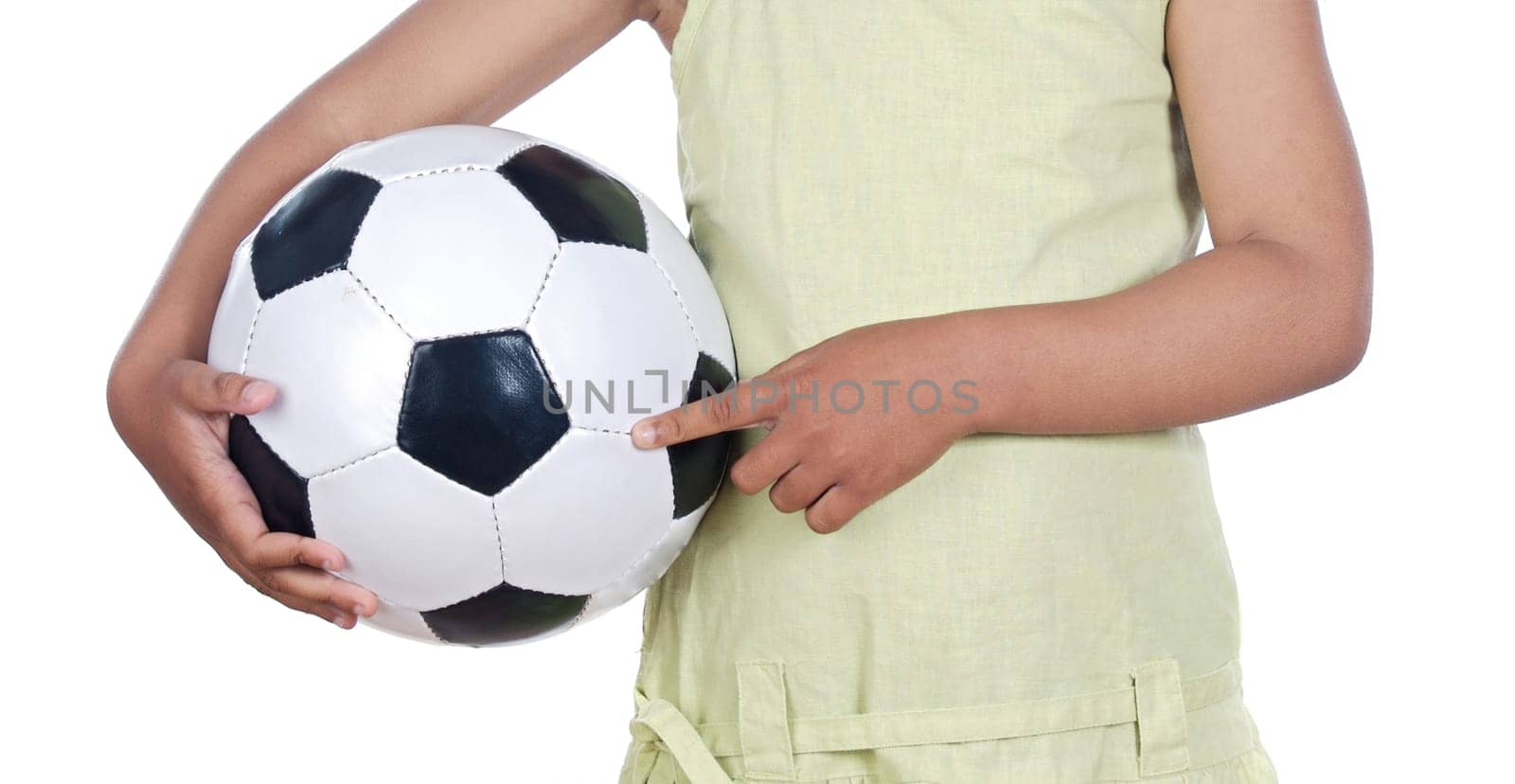 Holding a soccer ball on a over white background