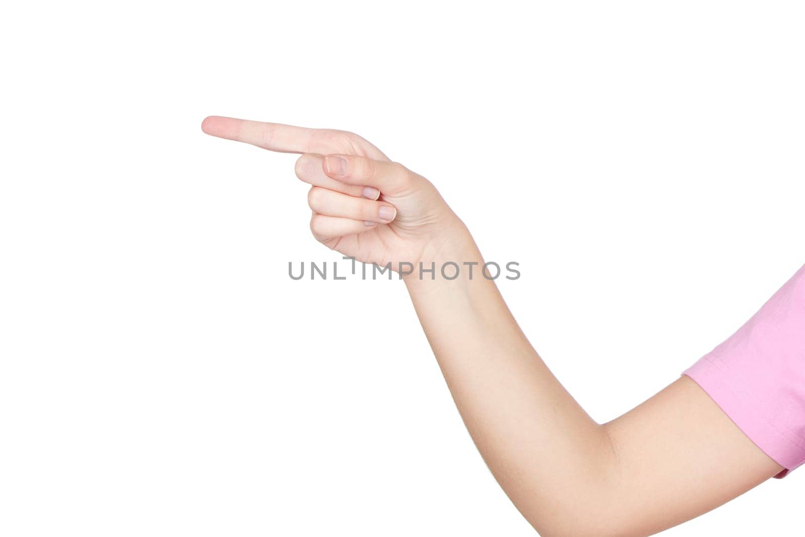Finger pointing somethin isolated on white background