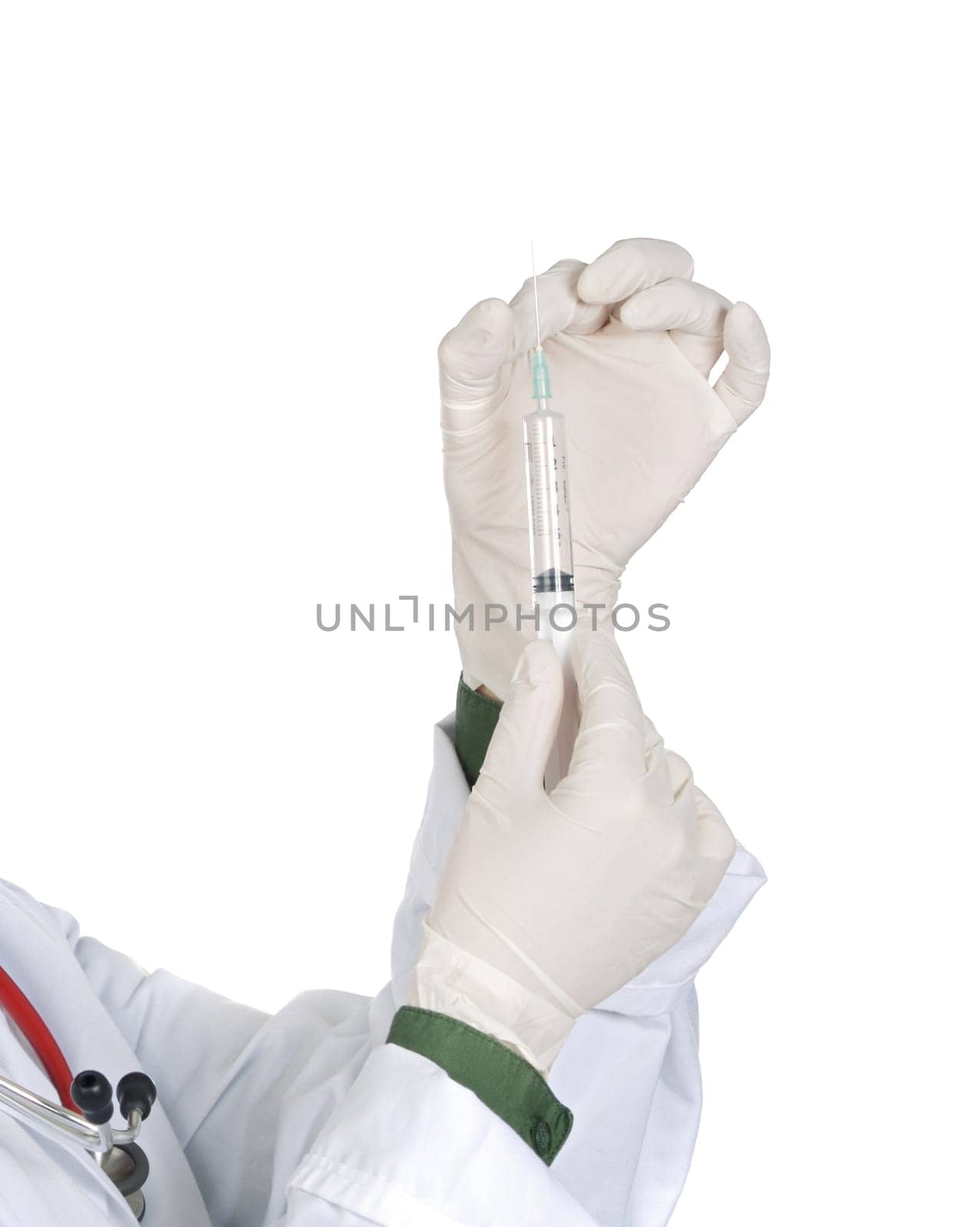 Doctor preparing an injection isolated on white