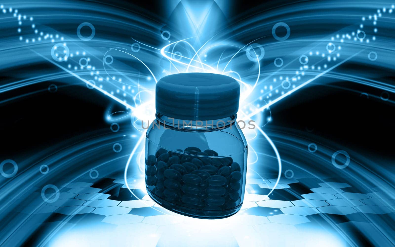 Digital illustration of capsule bottle in colour background