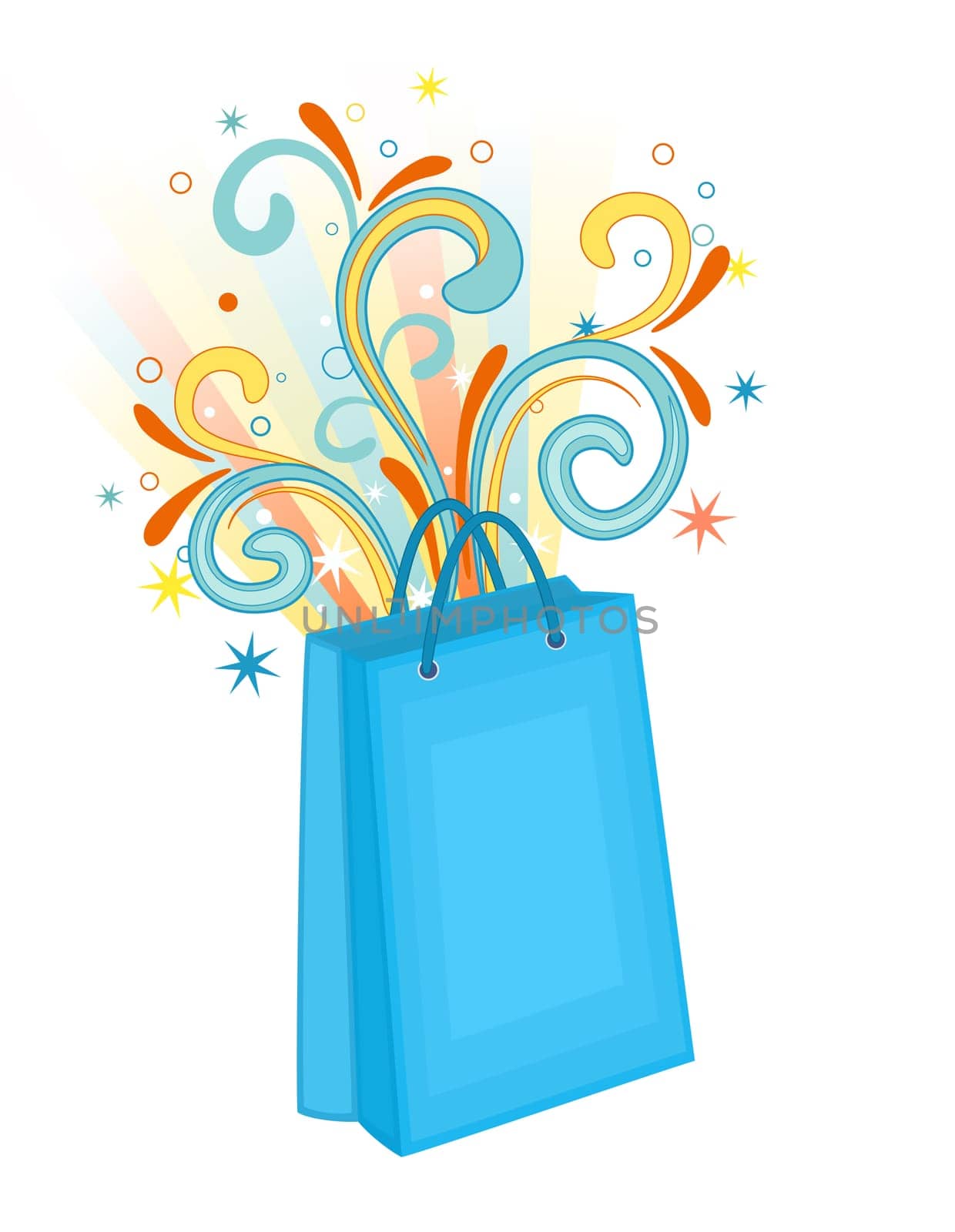 Blue shopping bag with burst of rays and floral decorations. Isolated over white background.