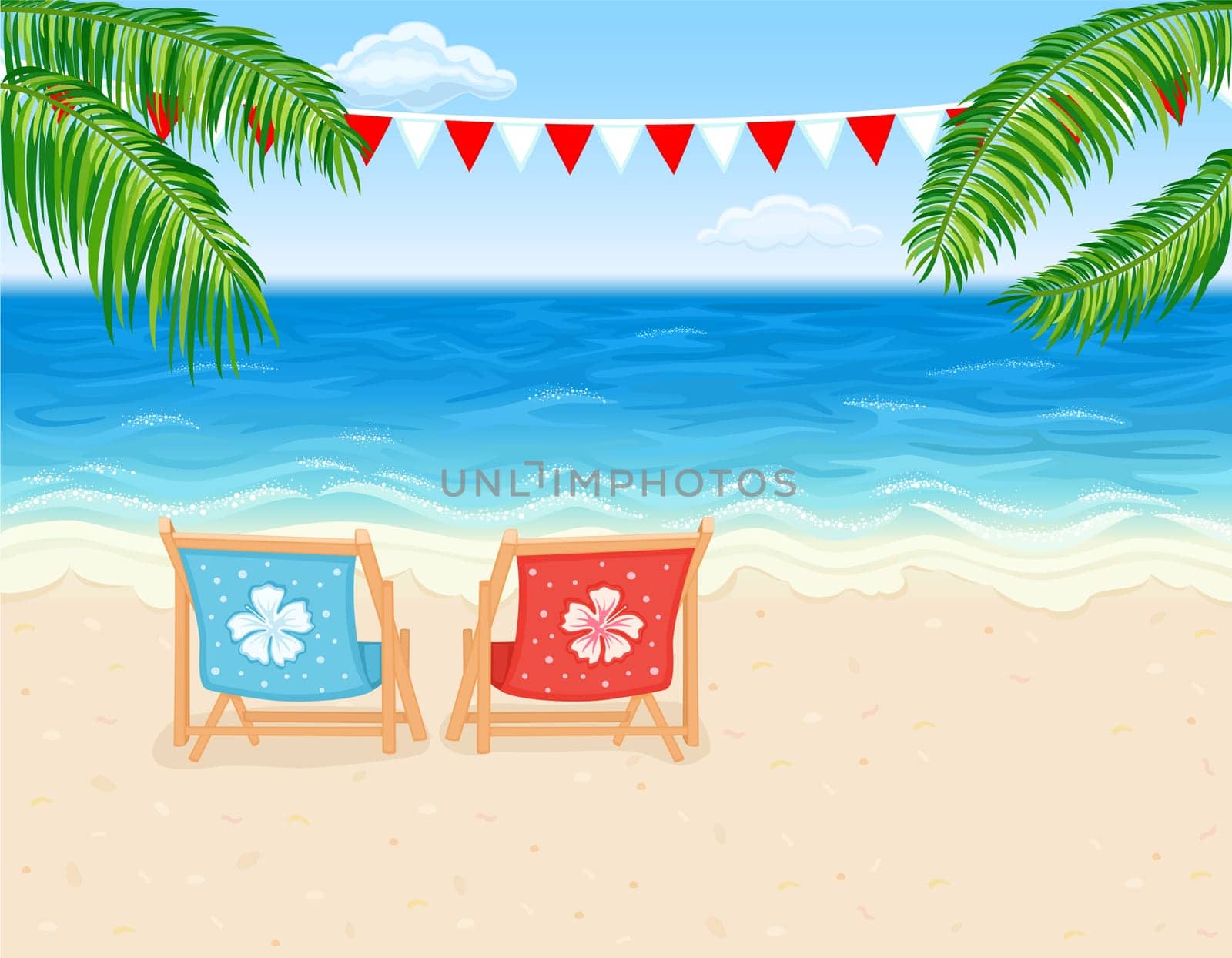 Vacation in paradise - tropical beach with white sands and lounge chairs.