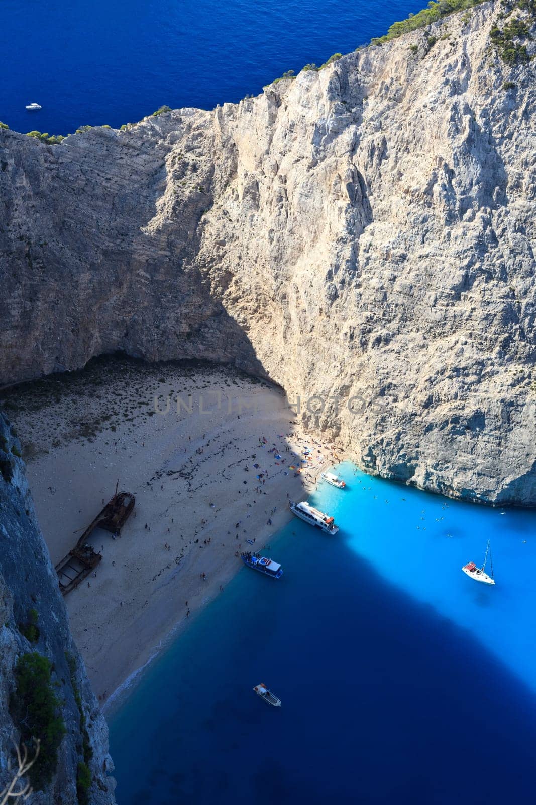 view of the shipwreck on the beach Navagio in Zakynthos, Greece
