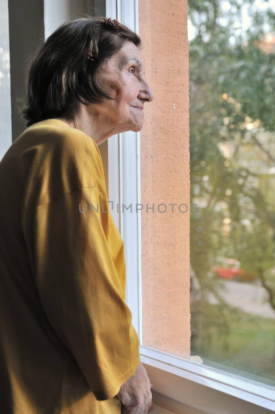 Solitude concept  - sad 80s senior woman looking through window at home