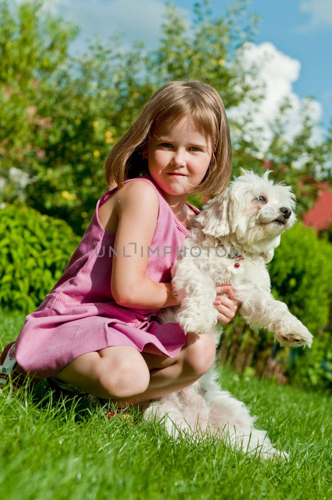 Small cute girl playing with her dog in garden behind family house