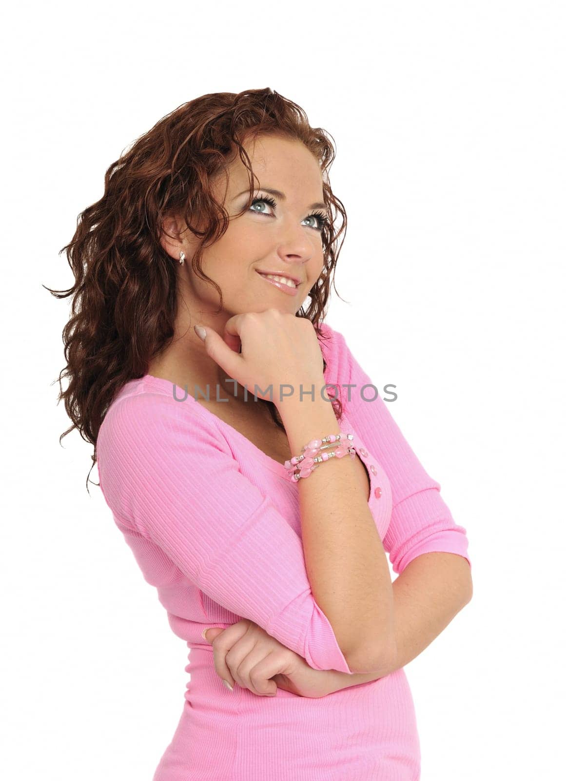 Smiling standing woman isolated on white background - fashion posing